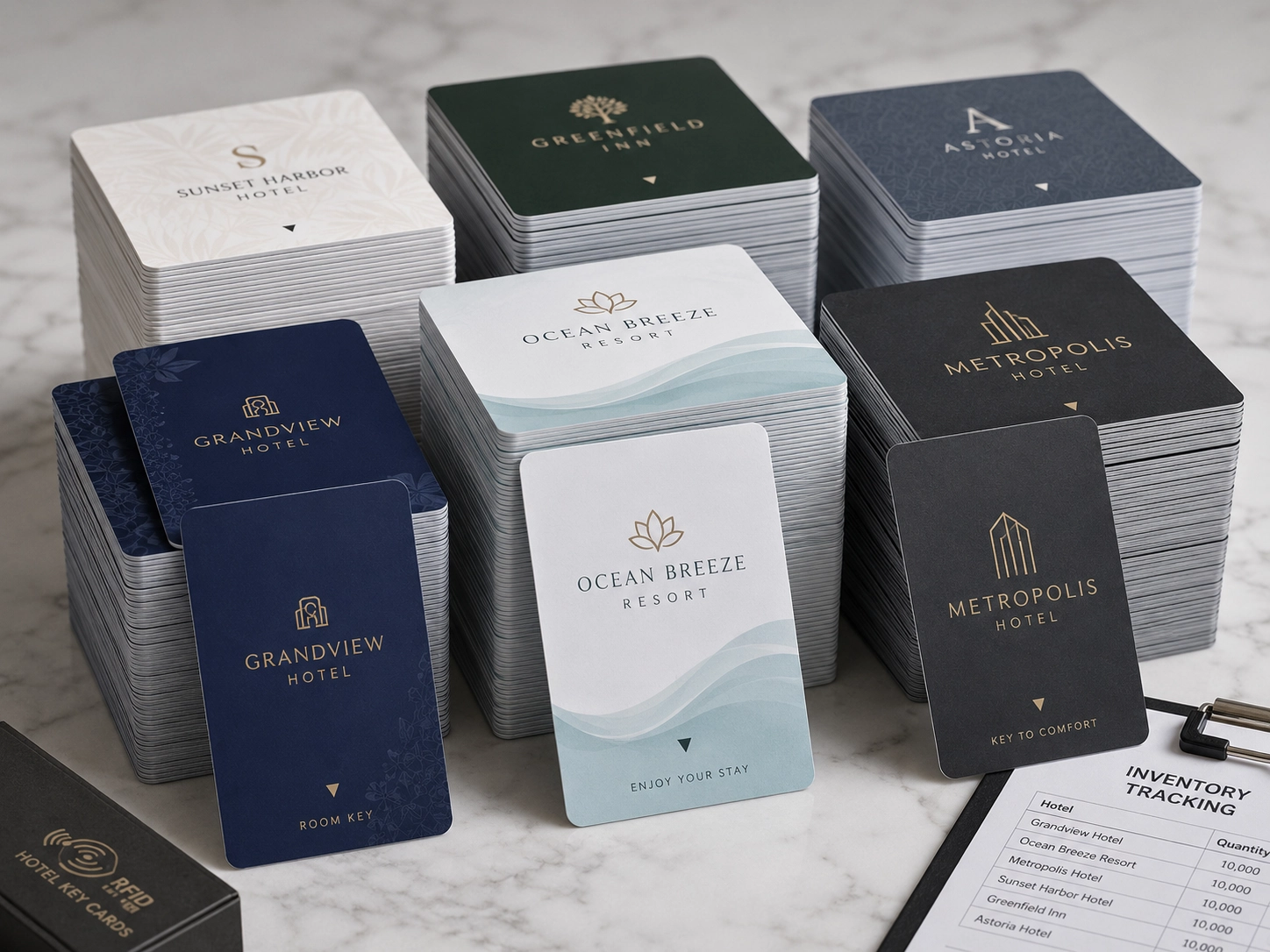 Custom printed hotel RFID key cards with modern branding stacked neatly, representing high-volume hotel inventory management.